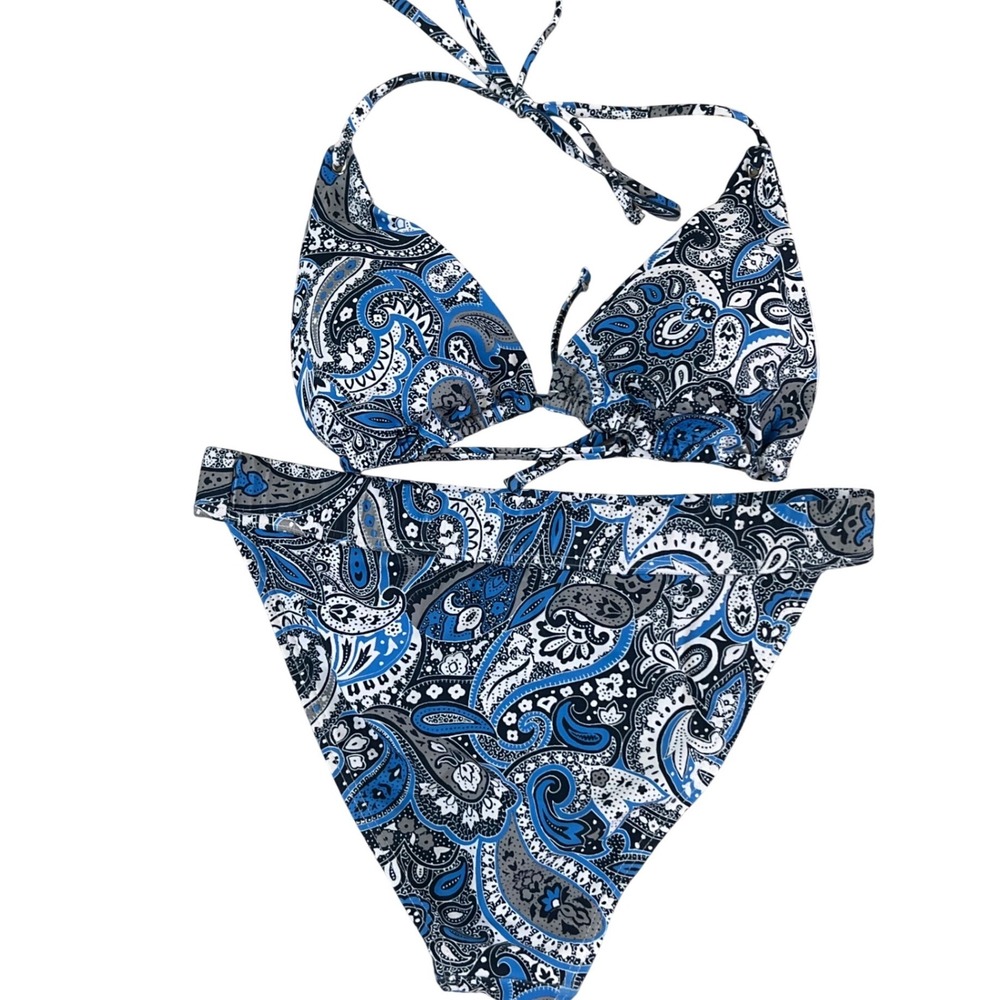 Damsel Bikini Set Women XL Blue Paisley New Triangle Top High Leg Bottom